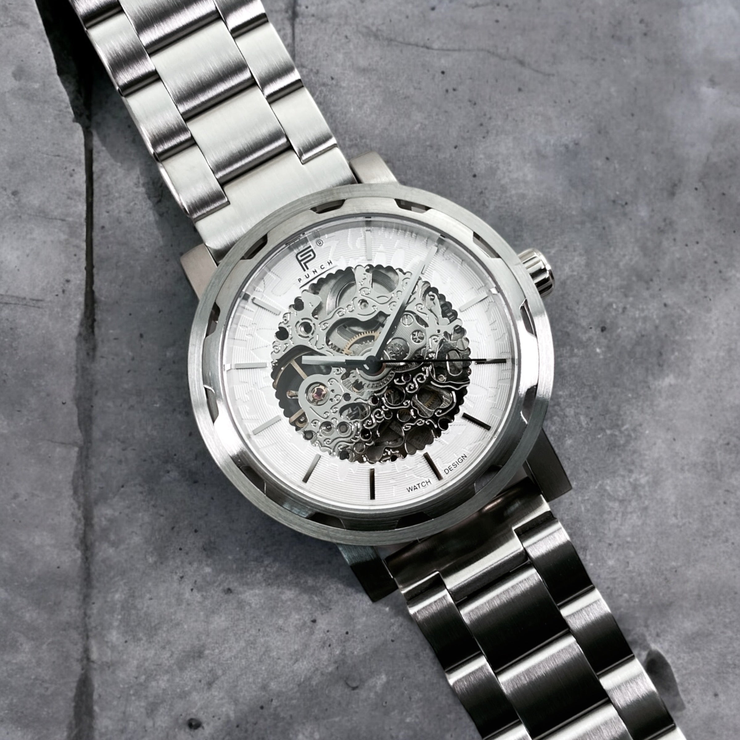 PUNCH Mens Watch Silver White Skeleton Automatic Watch Silver Metal Strap