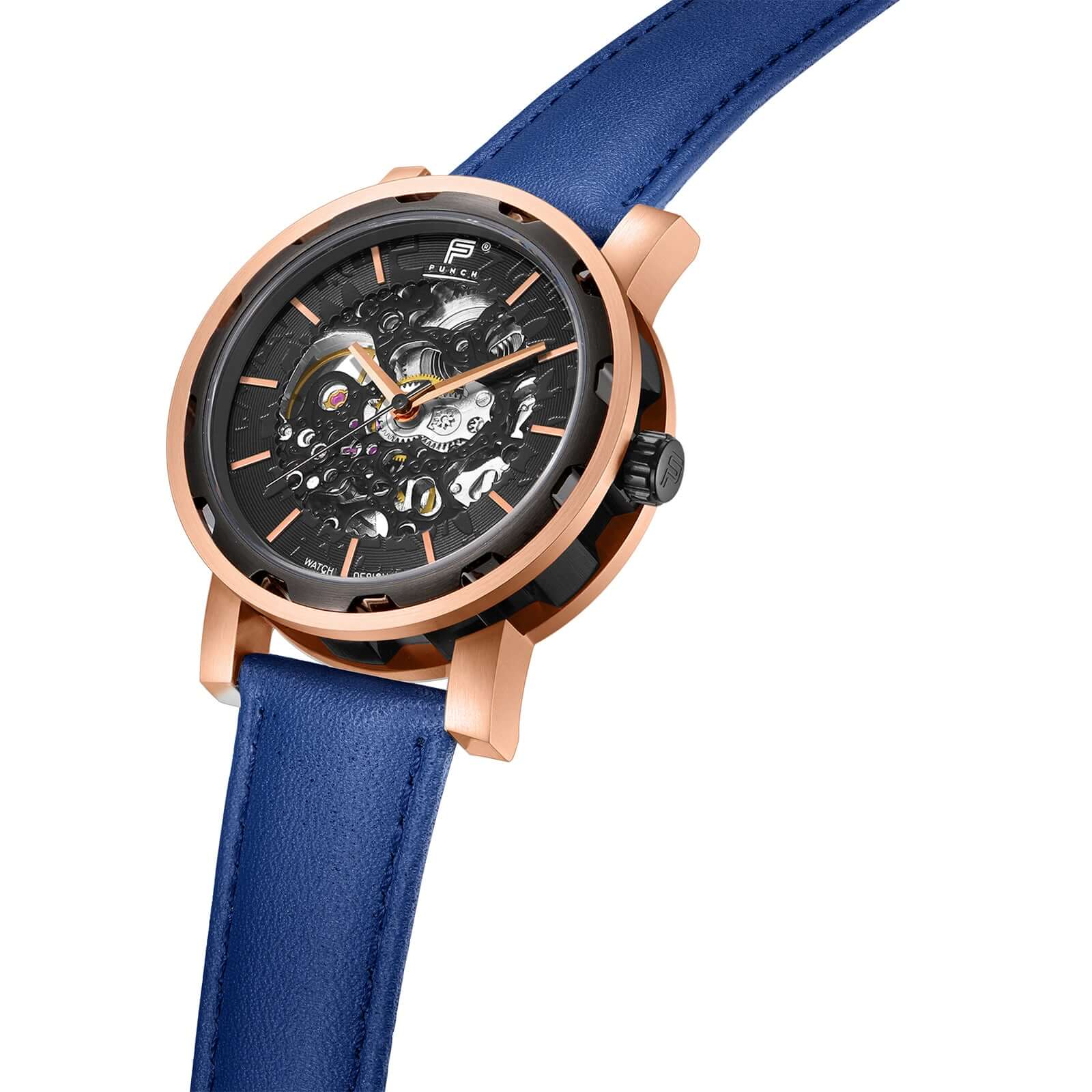 PUNCH Men s Rose Gold Black Automatic Skeleton Watch Blue Leather Strap Punch Watch Design