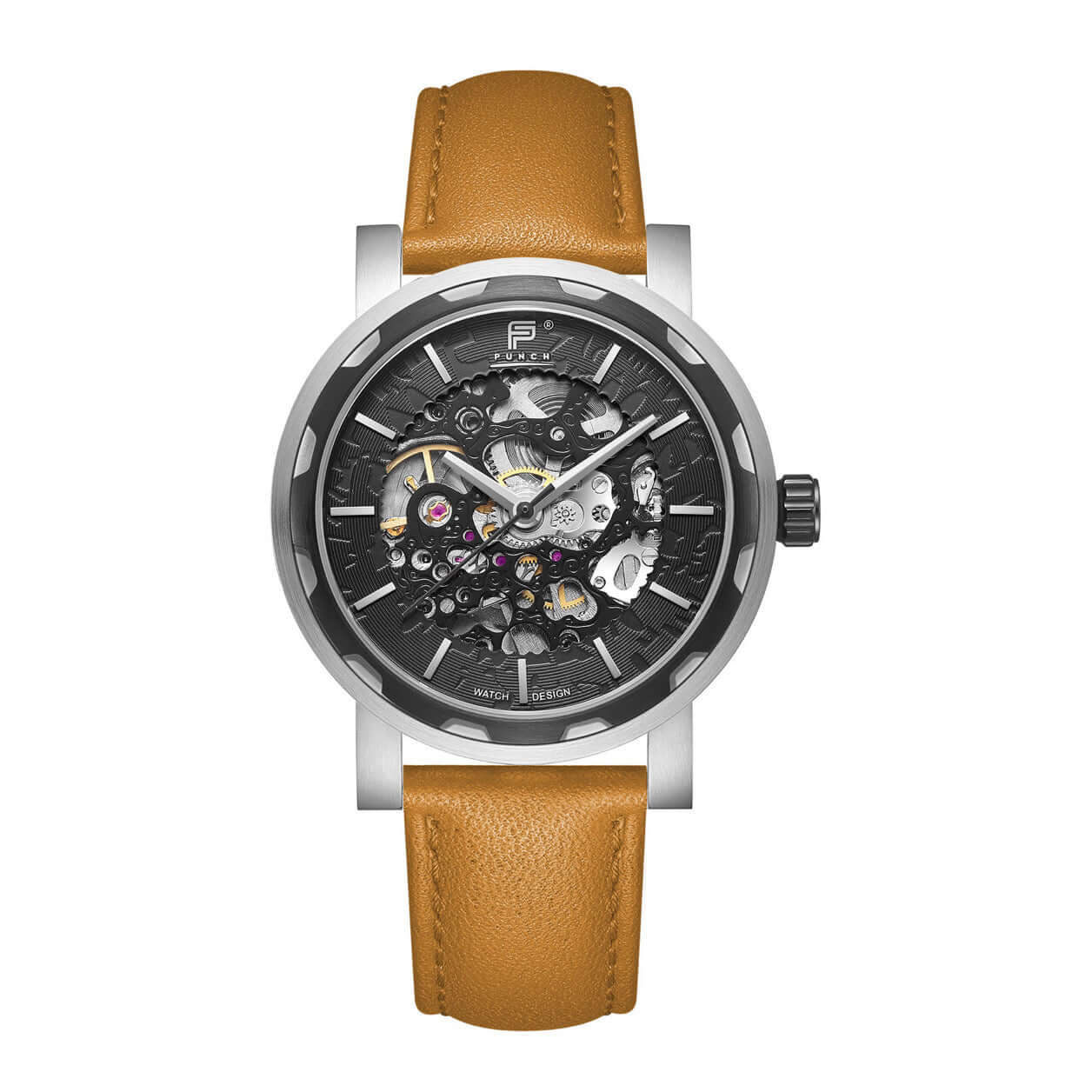 PUNCH Mens Watch Black Silver Skeleton Automatic Watch Tan Leather Strap