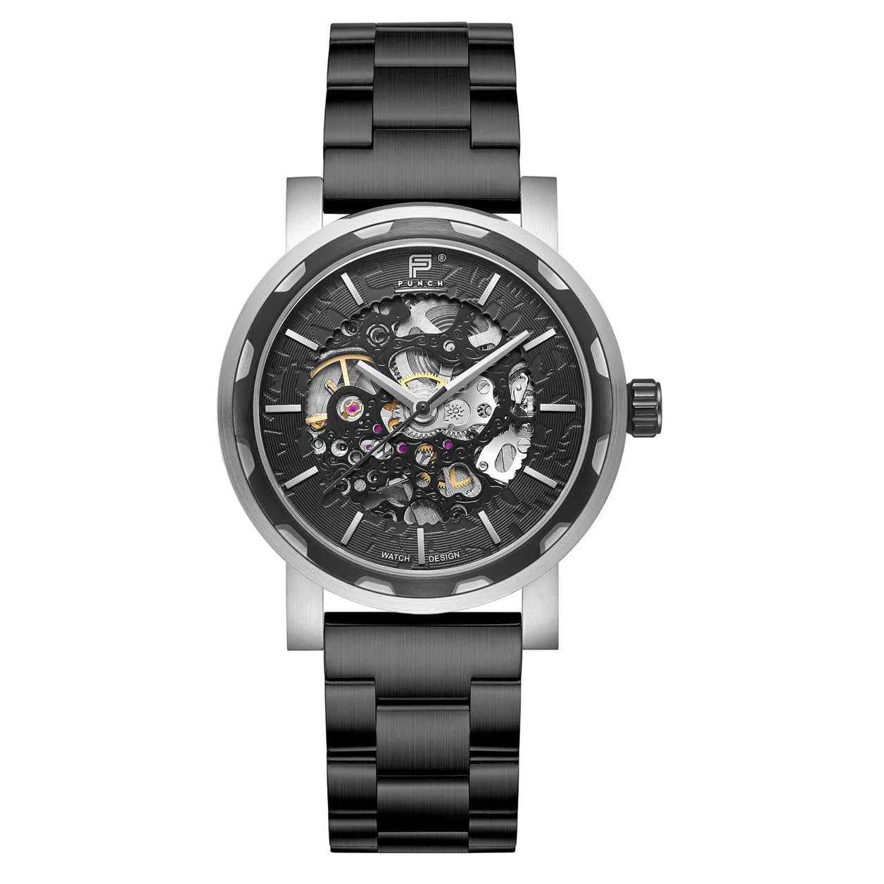 PUNCH Mens Watch Black Silver Skeleton Automatic Watch Black Metal Strap