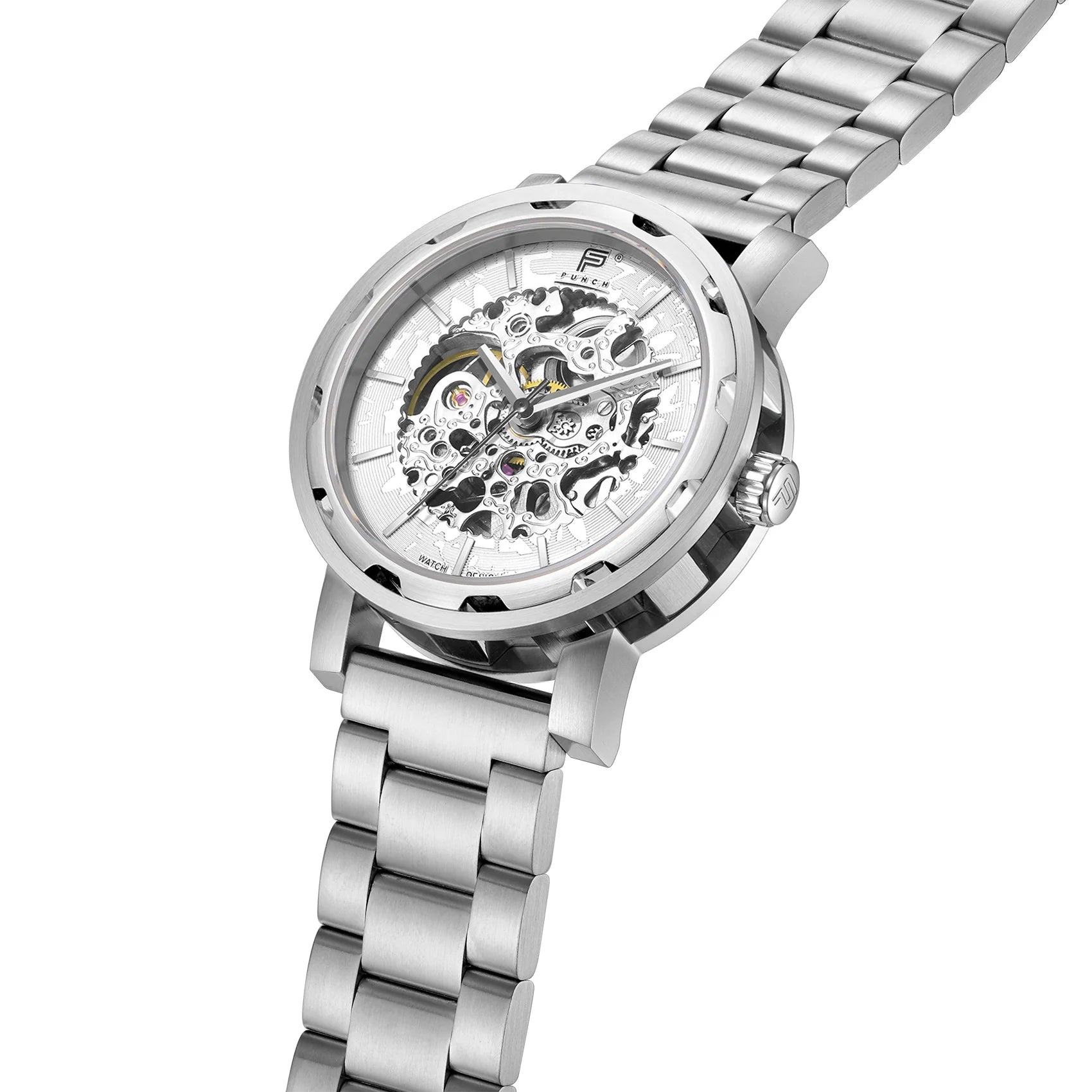 PUNCH Silver White Automatic Skeleton Watch mens watch