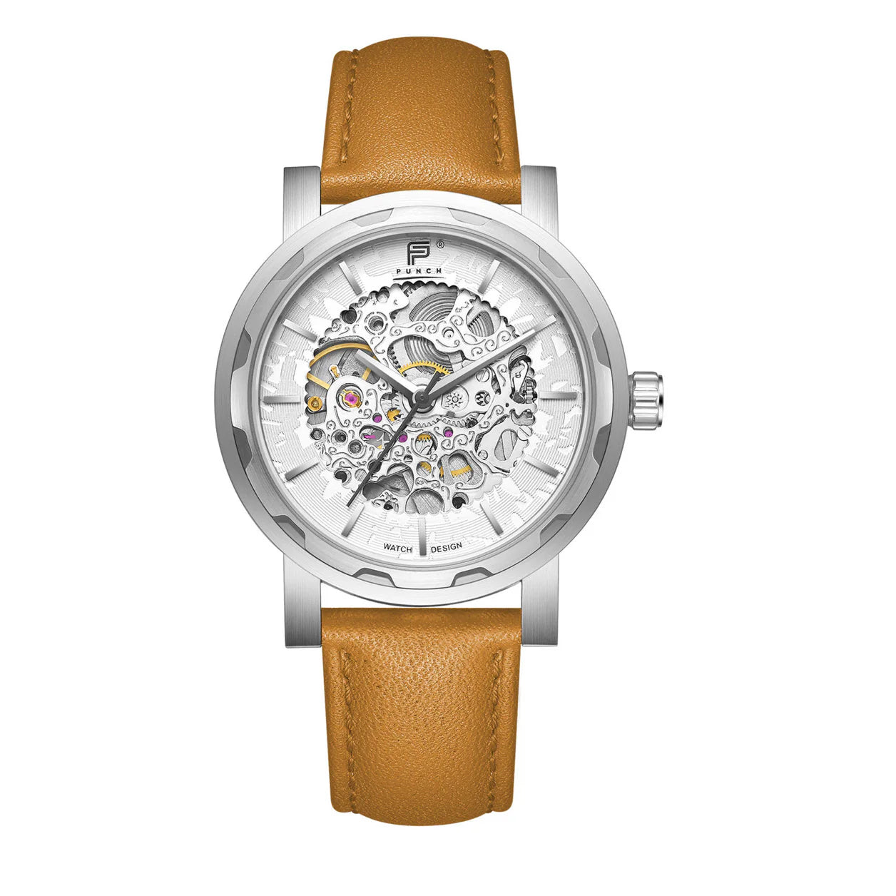 PUNCH Mens Watch Silver White Skeleton Automatic Watch Tan Leather Strap